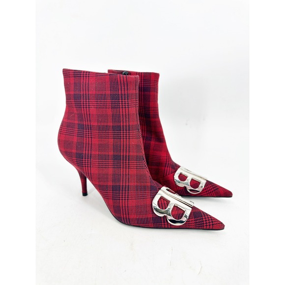 Balenciaga Shoes - Balenciaga Knife Bootie 36 Red Plaid BB Logo Ankle Boots 548874